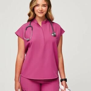 Figs Rafaela Mandarin Collar Oversized Fit Scrub Top Electric Orchid Pink XS